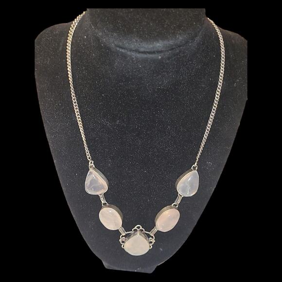 Vintage Silver Tone Pale Pink Translucent Quartz Cabochon Statement Necklace 16" - Picture 4 of 8